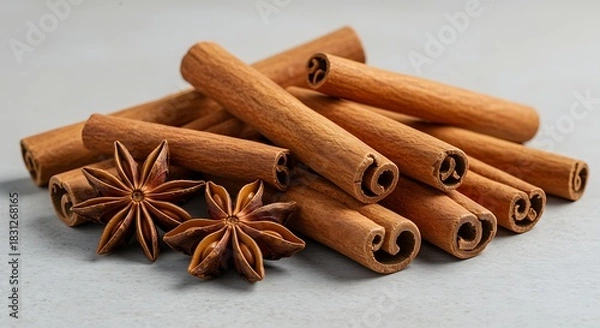 Fototapeta Cinnamon Sticks and Star Anise Spice Blend on Gray Surface ingredient food