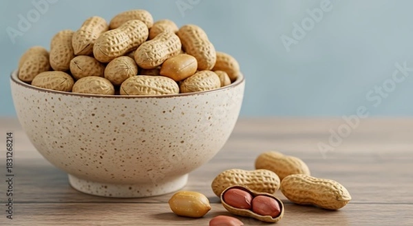 Fototapeta Bowl of unshelled peanuts with scattered nuts on wooden table snack