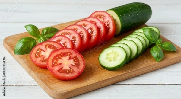 Fototapeta Sliced red tomatoes and green cucumber with basil leaves on cutting board image