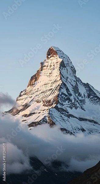 Fototapeta Snow capped mountain peak illuminated by golden sunlight above clouds summit rock