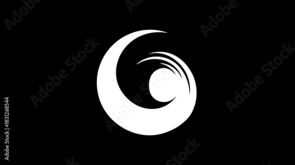 Fototapeta Abstract white wave symbol with dynamic swirl on a black background, representing movement, liquid, or energy, clean graphic design element.