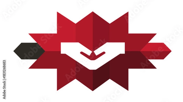 Fototapeta Abstract graphic design featuring two hands forming a heart shape within a red geometric starburst pattern, symbolizing care and support.