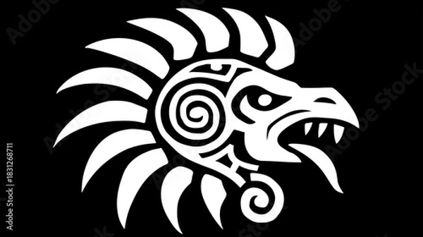 Fototapeta Majestic stylized eagle head with intricate tribal patterns on a black background, ancient Mesoamerican inspired art and cultural symbol.
