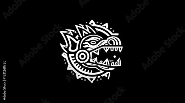 Fototapeta Ancient Aztec-inspired dragon head illustration. Mythical Mesoamerican serpent creature graphic art on black background, tribal symbol.