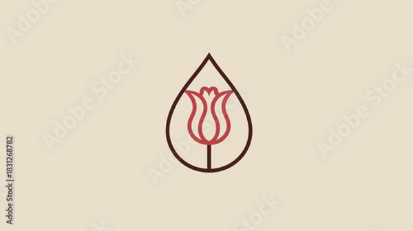 Fototapeta Minimalist elegant tulip flower illustration in a brown drop shape. Simple line art graphic icon on a light beige background.
