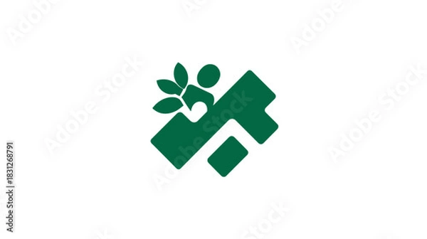 Fototapeta Abstract green symbol combining stylized person and leafy branch, representing nature, growth, community, and well-being graphic.