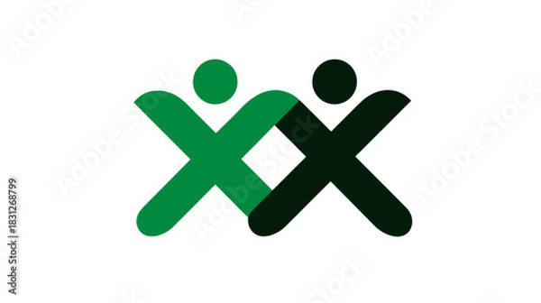 Fototapeta Modern abstract graphic icon of two linked stylized human figures in green, symbolizing community, teamwork, connection, and partnership.