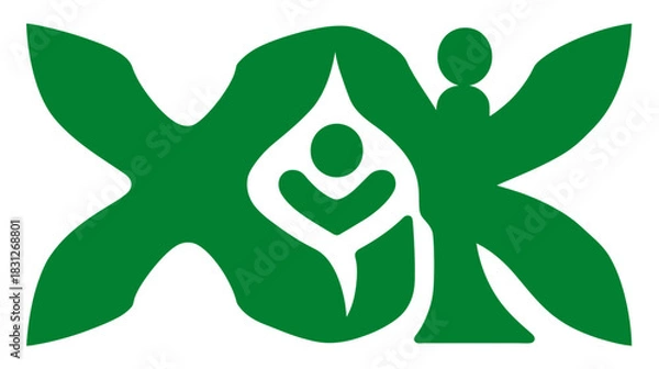 Fototapeta Abstract Green Graphic Symbol of Interconnected Human Figures, Growth, and Community Support with Stylized Hands and Plant