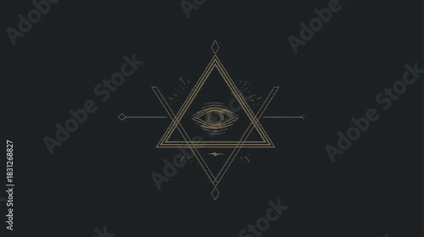 Fototapeta Mystical all-seeing eye symbol in a sacred geometric triangle with esoteric lines on a dark background illustration