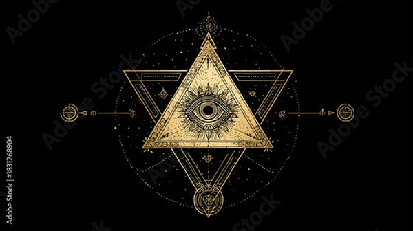 Fototapeta Esoteric Golden Eye Triangle with Sacred Geometry, Mystical Symbols, and Celestial Elements on Black Background
