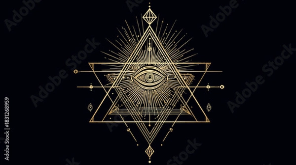 Fototapeta Golden Eye of Providence in radiant pyramid with sacred geometry on black background. Mystical, esoteric symbol of wisdom and enlightenment.