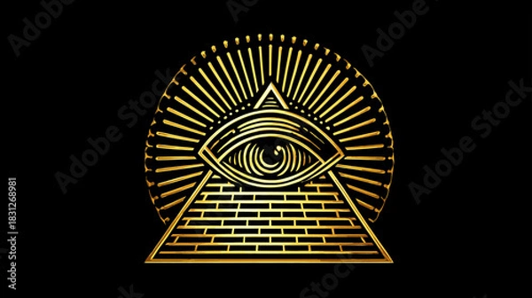 Fototapeta Intricate golden All-Seeing Eye (Eye of Providence) symbol in a radiant pyramid triangle on black background. Mystical spiritual icon.