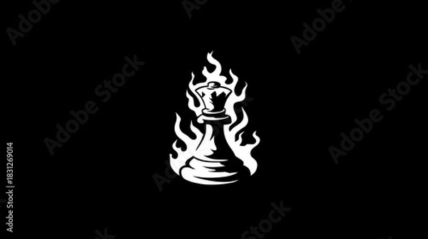 Fototapeta Powerful White Chess Queen on Fire with Flames, Strategic Game Piece Symbolizing Strength and Success on Black Background