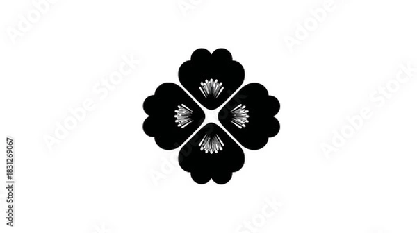 Fototapeta Elegant black and white stylized four-leaf clover flower graphic. Simple symmetrical floral design on a pure white background.