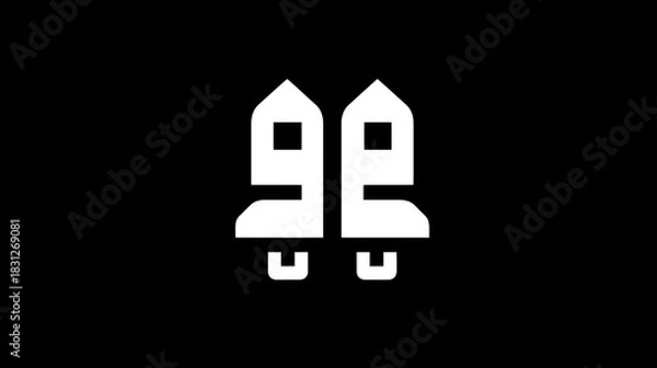 Fototapeta Abstract minimalist graphic of two stylized white rockets on a black background, symbolizing technology, innovation, or future.