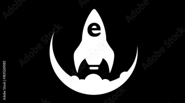 Fototapeta White rocket launching with 'e' symbol, representing digital technology, online business growth, startup, innovation, and progress.