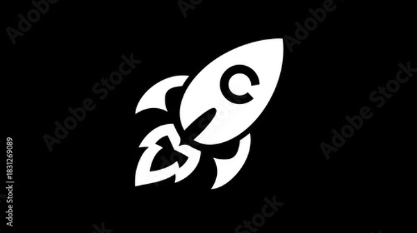 Fototapeta Minimalist White Rocket Icon Launching with Flames on Black Background – Modern Startup Business Growth, Innovation, Technology Symbol