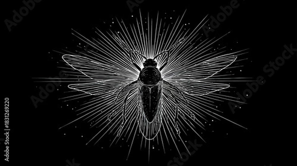 Fototapeta Artistic Illustration of a Flying Insect with Radiant Light and Spreading Wings on a Dark Background