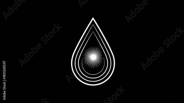 Fototapeta Minimalist abstract white teardrop graphic with concentric lines and radiating light burst on a black background, geometric modern design