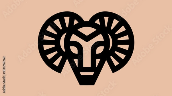 Fototapeta Stylized Geometric Ram Head Logo Icon. Minimalist Black Line Art Animal Design for Branding, Mascot, or Graphic Element on Beige.