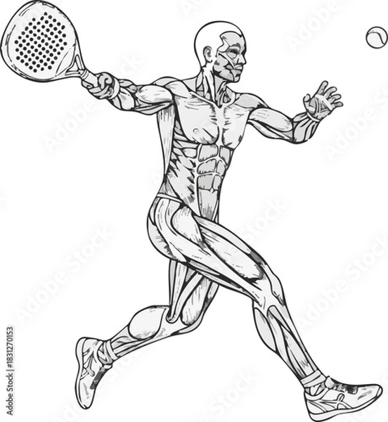Fototapeta Anatomical illustration of a male padel player showing muscle structure while hitting a ball.