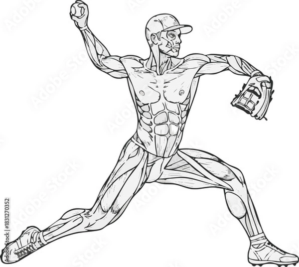 Fototapeta Anatomical illustration of a baseball pitcher throwing a ball, showcasing the engaged muscle groups in a line art style.