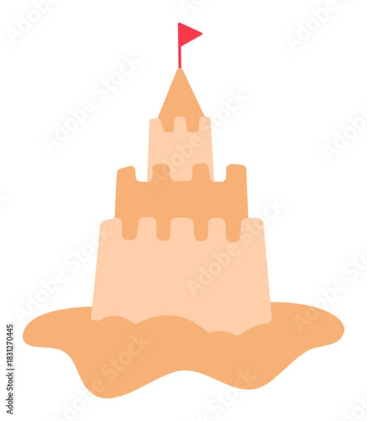 Obraz Cute sandcastle with red flag sticker flat vector illustration for beach play and kids activity