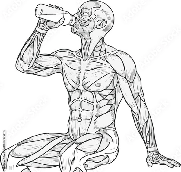 Fototapeta Anatomical illustration of a muscular man resting and drinking from a bottle, showing the human muscular system.