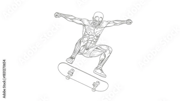 Fototapeta Anatomical line drawing of a human figure with exposed muscles performing a jump on a skateboard.