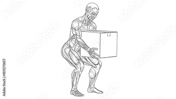 Fototapeta Anatomical illustration of the human muscular system correctly lifting a heavy cardboard box from a squatting position.