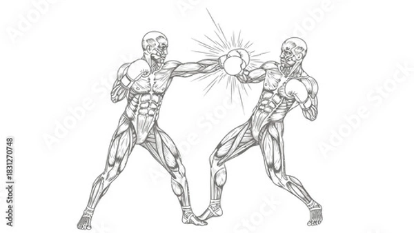 Fototapeta Anatomical illustration of two muscular écorché figures boxing, with one athlete landing a powerful punch on the other.