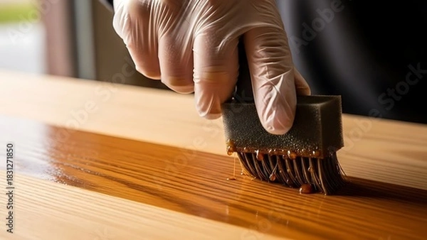 Obraz Applying a Protective Stain on a Wooden Surface with Precision Technique