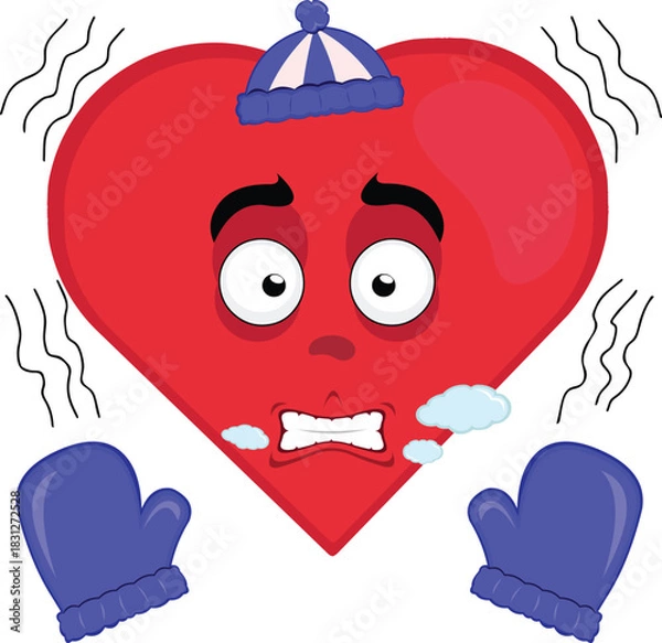 Obraz vector illustration emoticon character heart cartoon shivering cold, wearing gloves and a winter hat, with breath vapor in his mouth