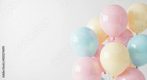 Fototapeta 柔らかな光が満ちる明るく広々とした空間にピンク水色黄色など優しい色合いのパステル風船がふわりと軽やかに浮かぶ誕生日祝いや記念日にぴったりの清潔感ある背景. AI Generated