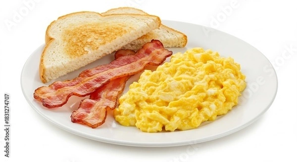 Obraz 明るく清潔な白い背景で輝く朝食プレート ふわふわスクランブルエッグとカリカリベーコン焼きたてトーストが食欲を刺激. AI Generated