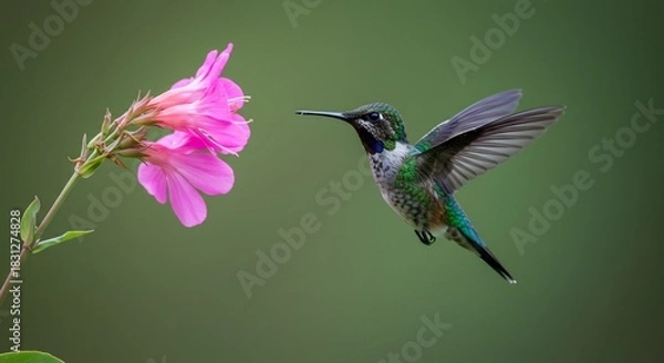 Obraz 輝く緑の体と白い斑点を持つ小さなハチドリが柔らかな自然光に包まれ熱帯の鮮やかなピンクの花へと軽やかに舞い上がり蜜を求めて優雅にホバリングする奇跡の瞬間. AI Generated