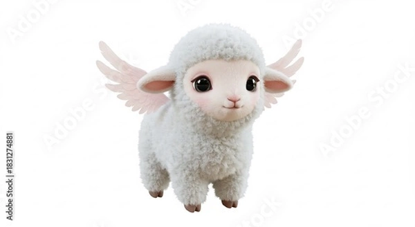 Fototapeta 白いふわふわの柔らかな翼を広げた愛らしい子羊が優しく微笑みこちらを見つめる柔らかな光に包まれ輝く夢見る幻想的な世界観を鮮やかに表現した高品質3Dイラストレーション. AI Generated