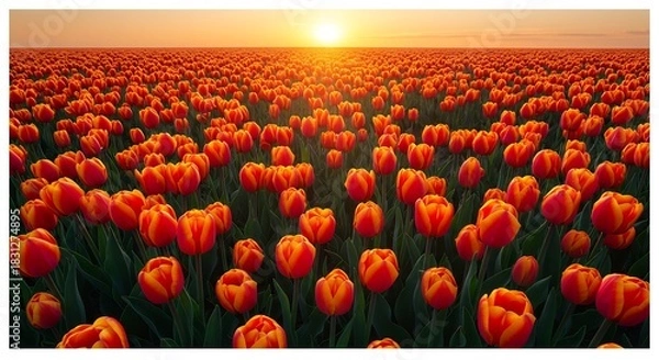 Fototapeta 広大なオレンジ色のチューリップ畑を夕日が金色に照らし輝く花々が春の訪れを告げる美しい風景心揺さぶる感動的な絶景. AI Generated