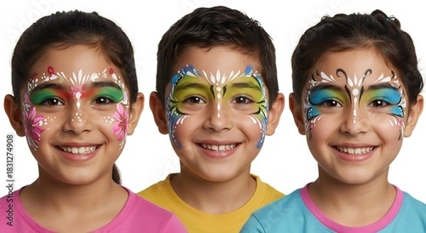 Fototapeta 鮮やかな色彩のフェイスペイントを施された子供たちが無邪気な笑顔で輝く ポジティブなエネルギーが溢れる. AI Generated