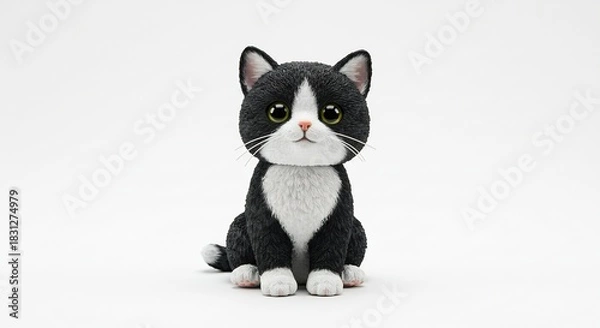 Fototapeta 白い背景にぽつんと座る愛らしい白黒猫の置物大きな瞳がまっすぐ見つめシンプルで清潔感ある美しさ. AI Generated