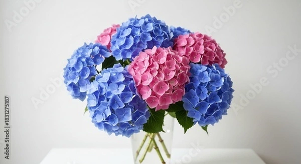 Obraz 瑞々しい青とピンクの紫陽花が光を浴びて輝く透明な花瓶に生けられた美しい花束が部屋を明るく彩る. AI Generated
