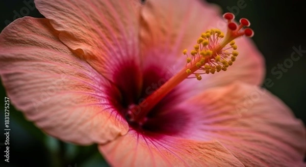 Fototapeta 優しく降り注ぐ暖かな自然光を浴びて艶やかに咲き誇るピンクオレンジのハイビスカス 鮮やかな真紅の花芯と柔らかな花びらのコントラストが美しいボケで際立つ. AI Generated