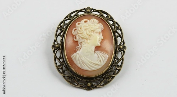 Fototapeta 白背景に美しく輝くアンティーク調カメオブローチ 繊細な装飾フレームに囲まれた優雅な女性の横顔が際立つ. AI Generated