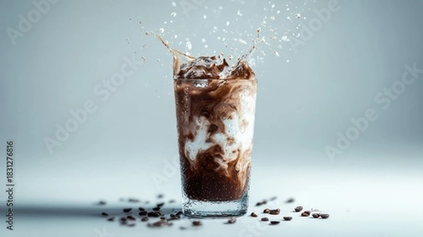 Fototapeta Iced Coffee Splash: Refreshing Drink with Creamy Swirls and Coffee Beans