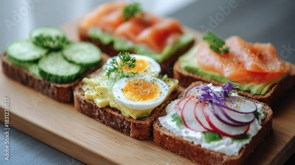 Fototapeta Selection of open sandwiches or toast, healthy and tasty snack ideas