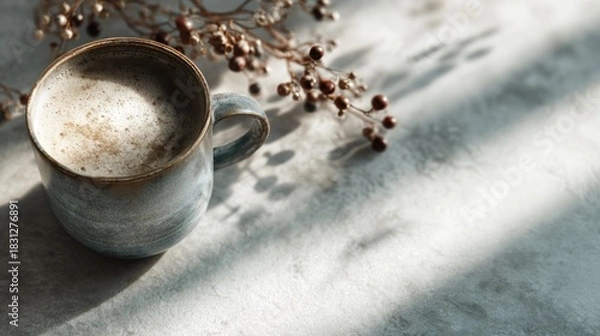Fototapeta Cozy cappuccino in a rustic mug with natural light and dried foliage