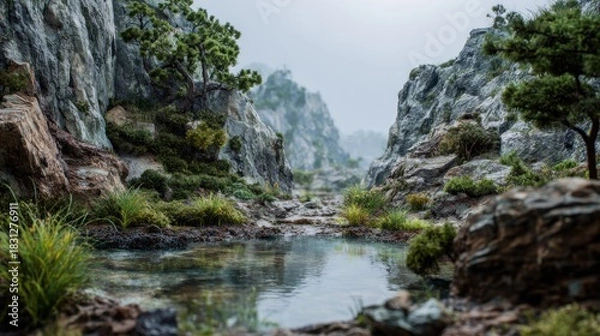 Fototapeta Enchanting mountain scenery featuring a calm pool amidst rugged rock formations