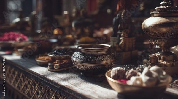 Fototapeta Intricate display of offerings and artifacts at a ceremonial table