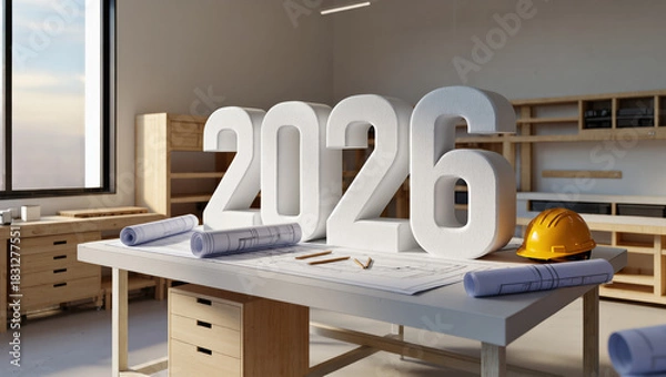 Fototapeta 2026 architectural vision: blueprints and hard hat in modern design studio.