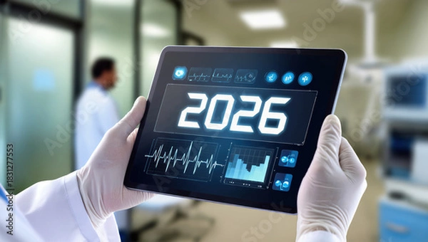 Fototapeta Future healthcare technology: tablet monitoring 2026 medical advancements.